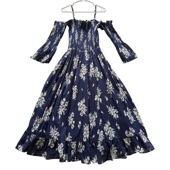 Polo Ralph Lauren Dresses & Skirts - Polo Ralph Lauren Off-Shoulder Navy Floral MidiDress Smocked Bell Sleeves Large